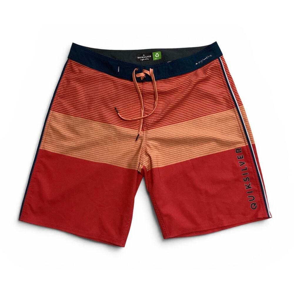 Quiksilver Highline Board Shorts Men 30 Red Orange Striped 4-Way Stretch Surf 33